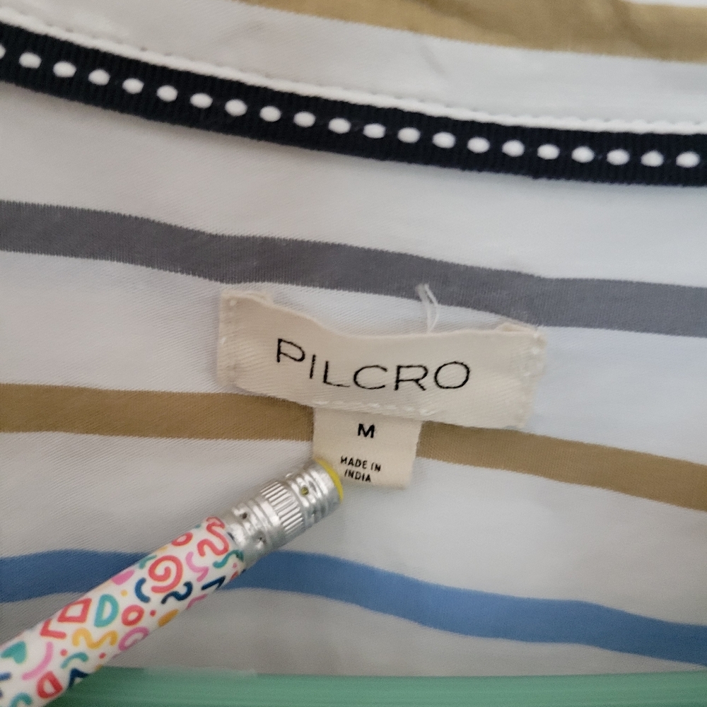 Pilcro Striped Oversized Puff Sleeves High Low Button Up Lightweight Top Size M - Picture 5 of 7